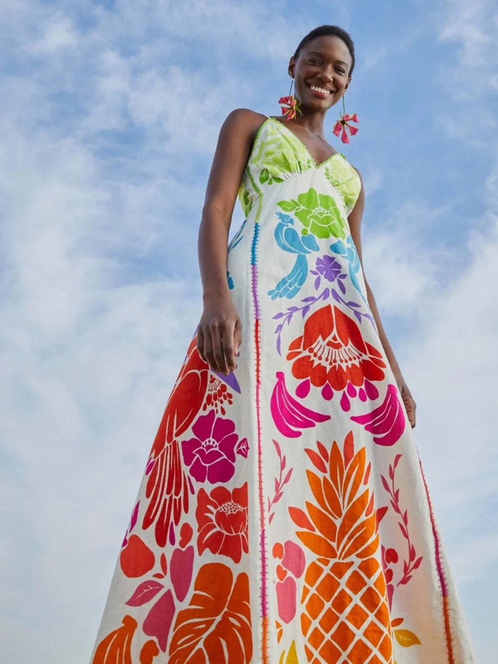 FARM Rio Colorful Tropical Pineapple Graphic Linen Blend Strappy Maxi Dress S - Picture 16 of 16